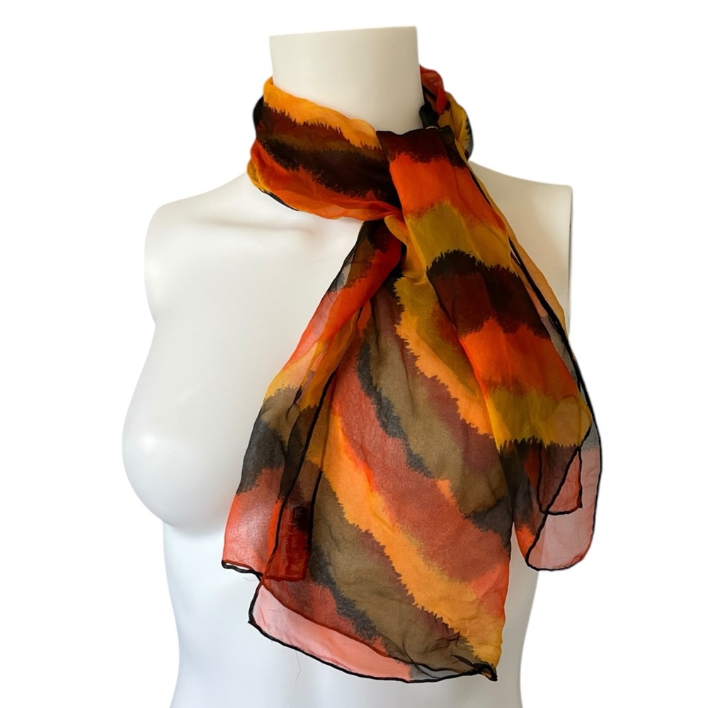 Vintage Nasharr Frieres Rectangle Scarf Sheer Black Orange Yellow Silk Vinyl